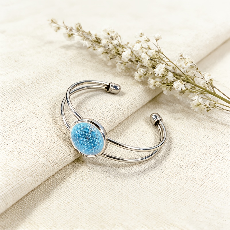Women's Adjustable Open Bangle with Round Time Gemstone Inlay, Geometric Design